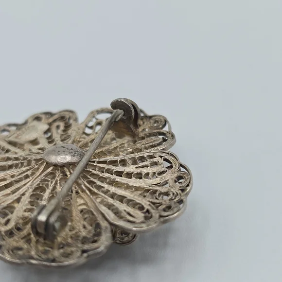 VTG Mexico Silver Filigree Flower Brooch Pin Layered Floral 1.75" REPAIR - Picture 8 of 12